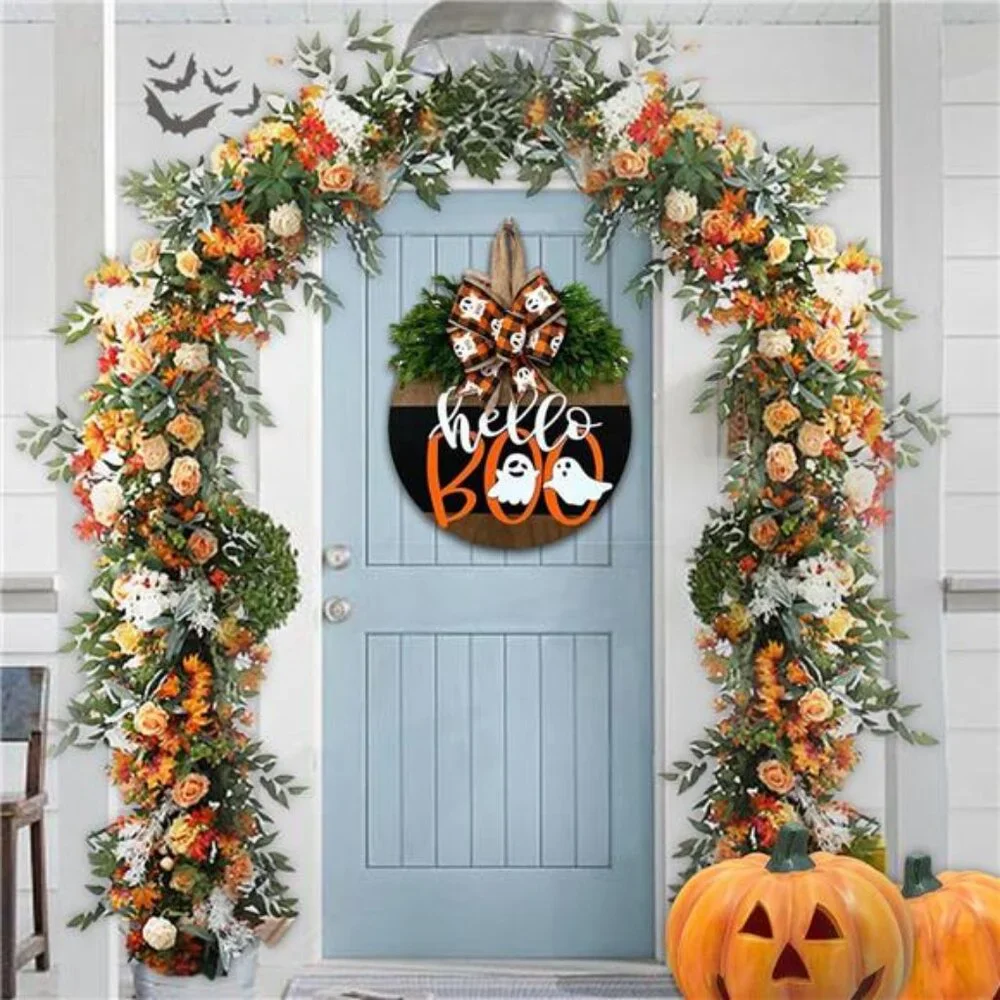Halloween Ghost Door Sign - Cute Wood Wreath‎ for Front Door & Porch Decor